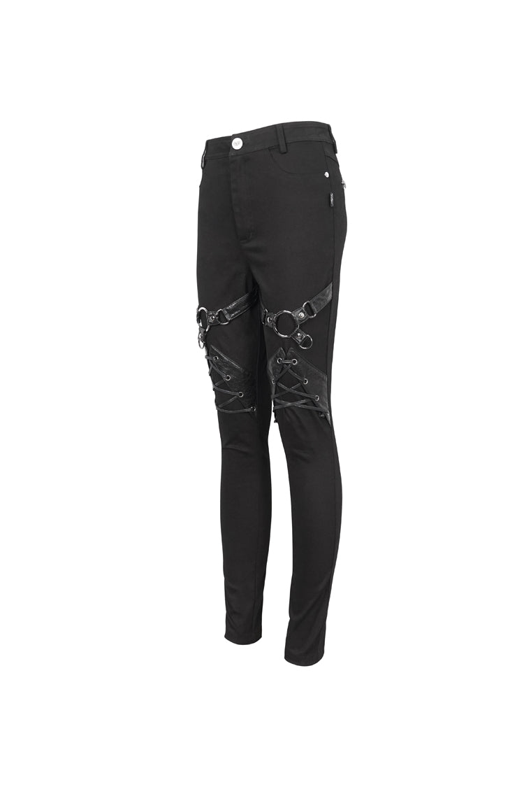 Black Slightly Elastic Twill Pu Tie Rope Decoration Women's Punk Trousers