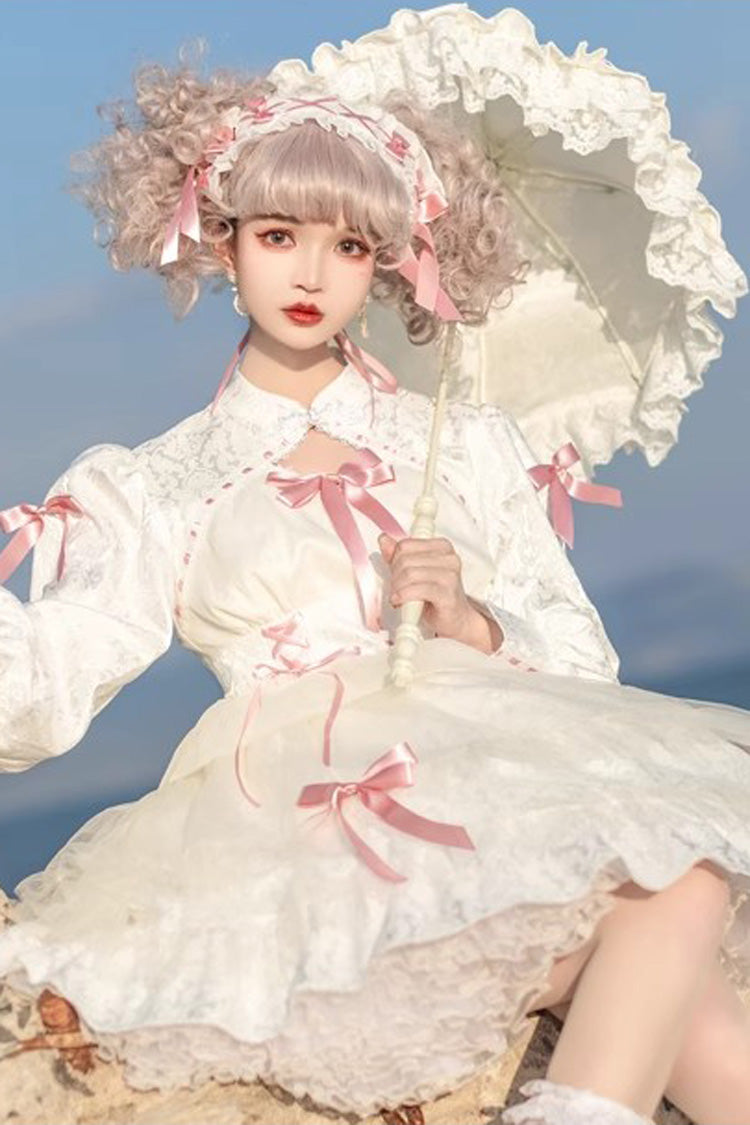[Love Song] Long Sleeves Multi-Layered Jacquard Ruffle Bowknot Sweet Gothic Lolita Dress 3 Colors