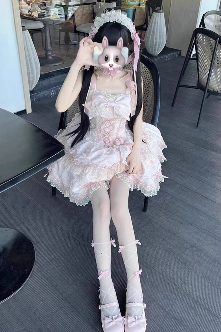 Pink [Floral Overture] Double-Layered Ruffle Embroidery Bowknot Lace Sweet Lolita Jsk Dress