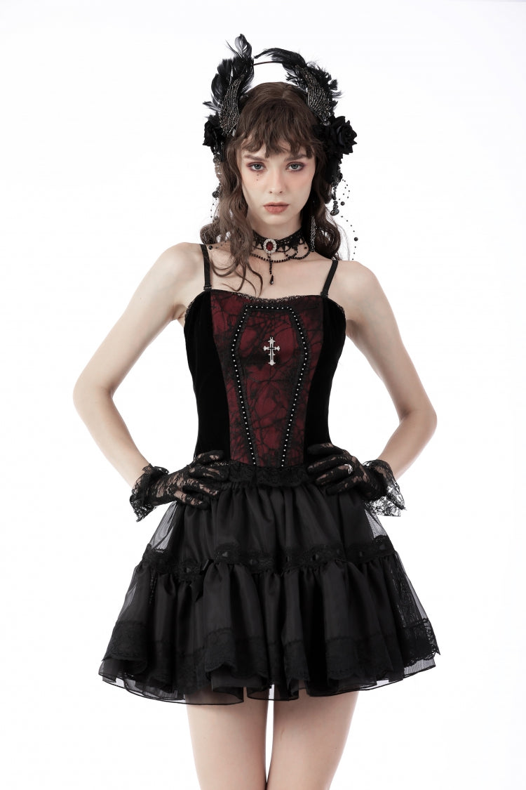 Dunkelrotes Damen-Gothic-Vollbrustkorsett mit gekreuzten Schulterträgern und Jacquard-Schnürung