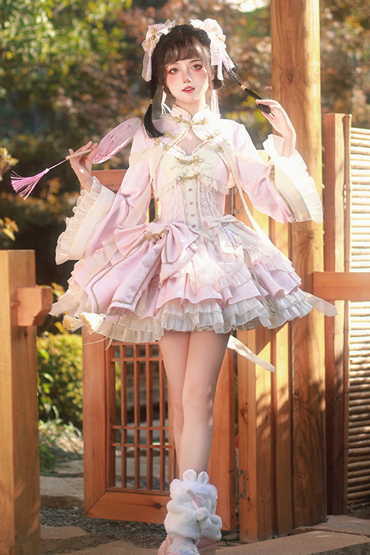 Rosa-weißes Pear Dream Mehrlagiges Rüschen-Spitzenkleid im chinesischen Prinzessinnen-Stil mit Lolita-JSK-Kleid