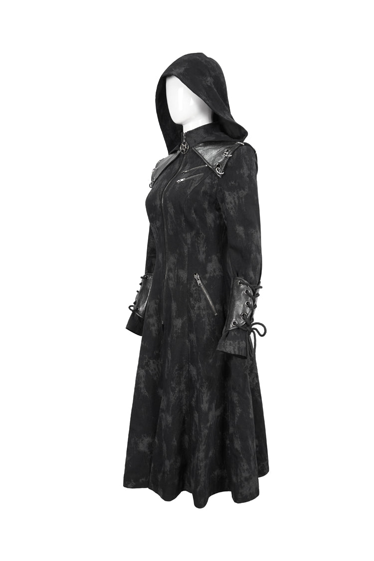 Black Faux Leather Splice With Hood Irregular Pattern Print Long Women's Punk Coat