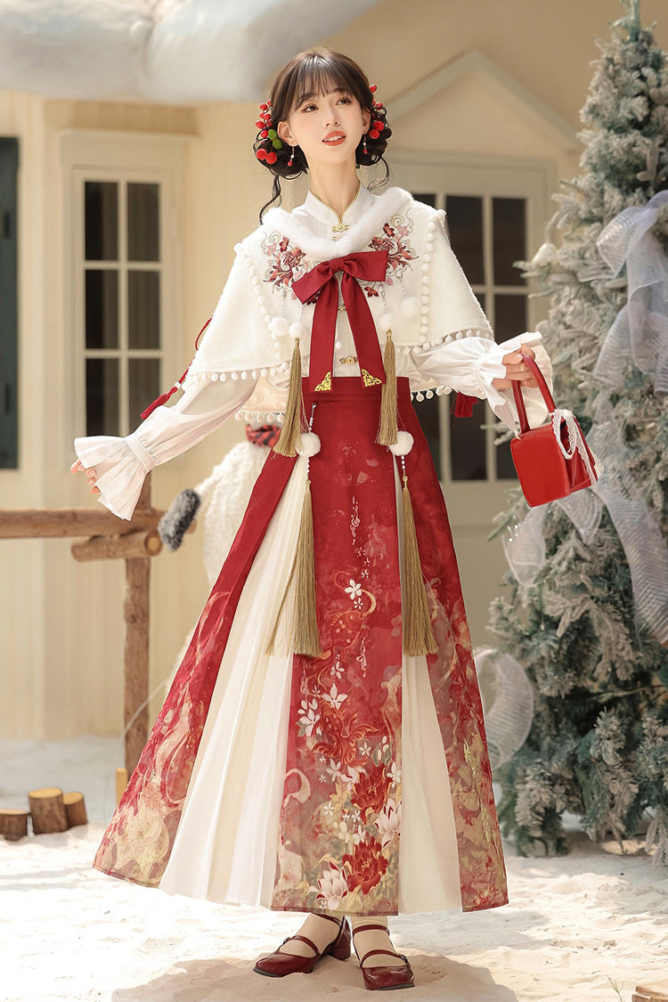 Red/White Lapel Collar Long Sleeves High Waisted Jacquard Print Embroidery Pleated Women's Chinese Style Gorgeous Hanfu Dress Set