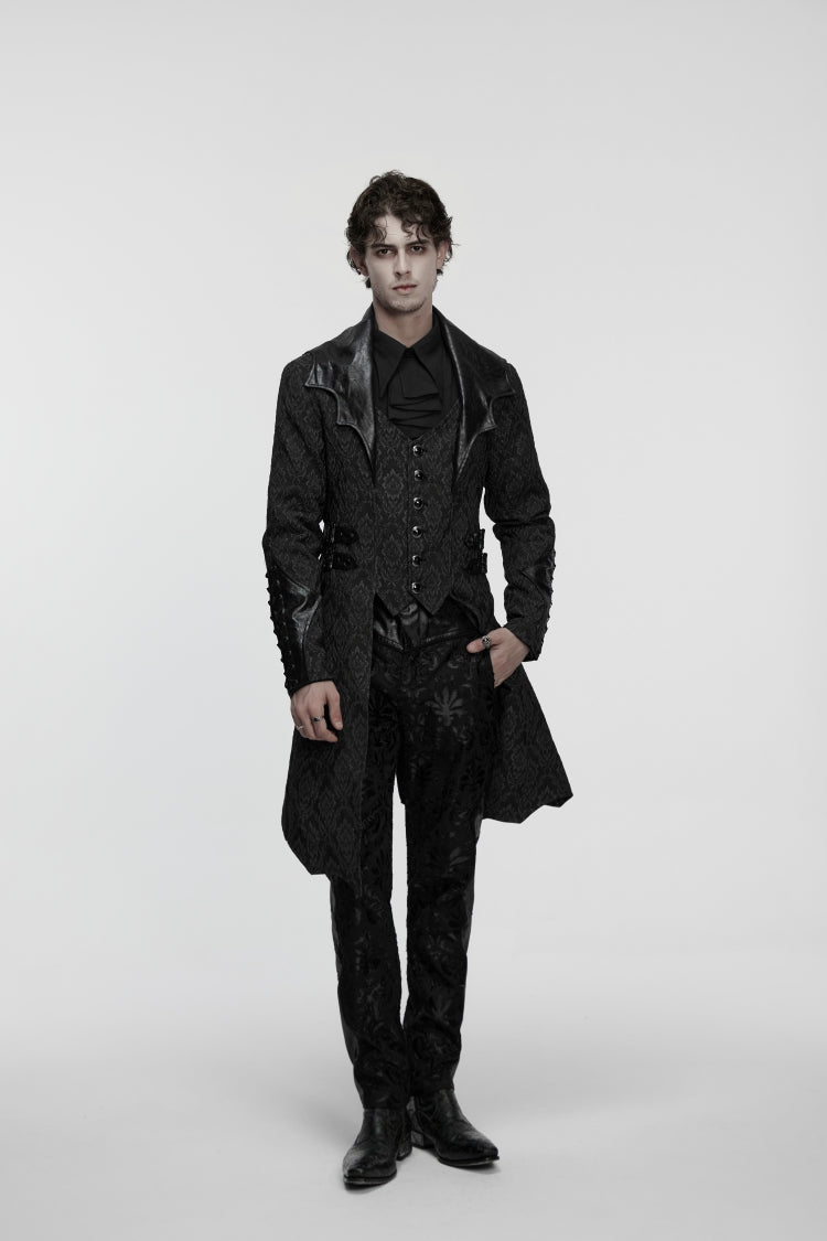 Manteau gothique pour hommes, col à revers noir, manches longues, jacquard épissé à lacets, boucle fine