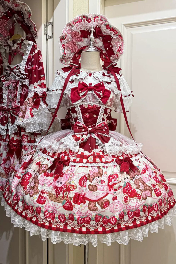 Robe rouge [Sweet Berry Bunny Bear] avec nœud imprimé en dentelle et lacets Sweet Lolita Jsk