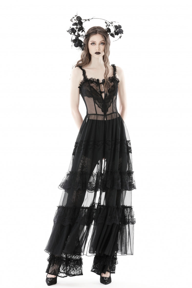 Schwarzes, ärmelloses, herzförmiges, mehrlagiges Spitzen-Gothic-Maxi-Slip-Kleid mit Schlitz und durchsichtigem Netzstoff