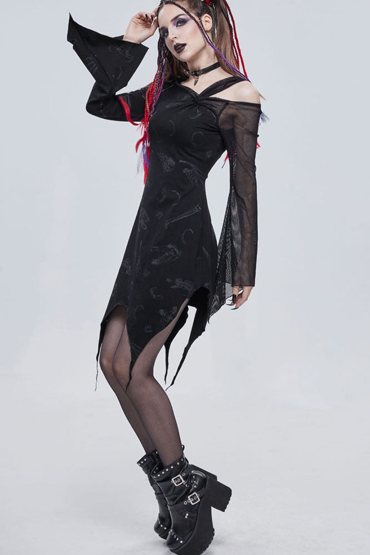 Black Gothic Off-The-Shoulder Graphic-Print Asymmetric Design Splicing Mesh Women's Dress
