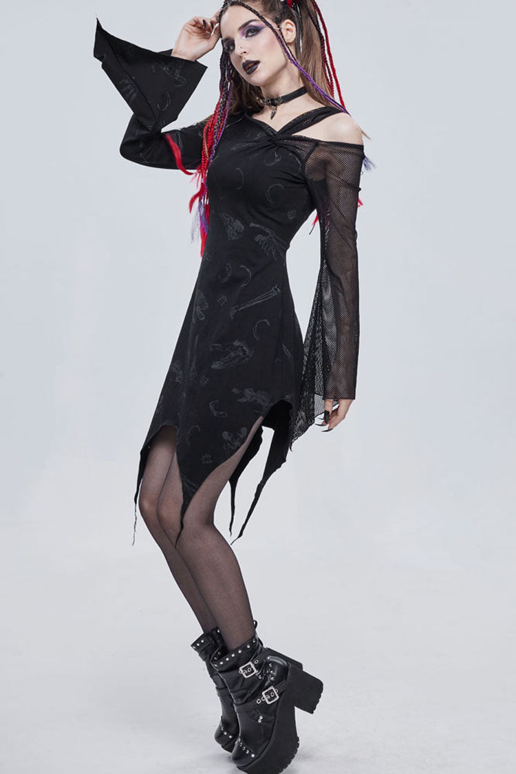 ブラック ゴシック オフショルダー グラフィック プリント 非対称デザイン スプライシング メッシュ レディース ドレス