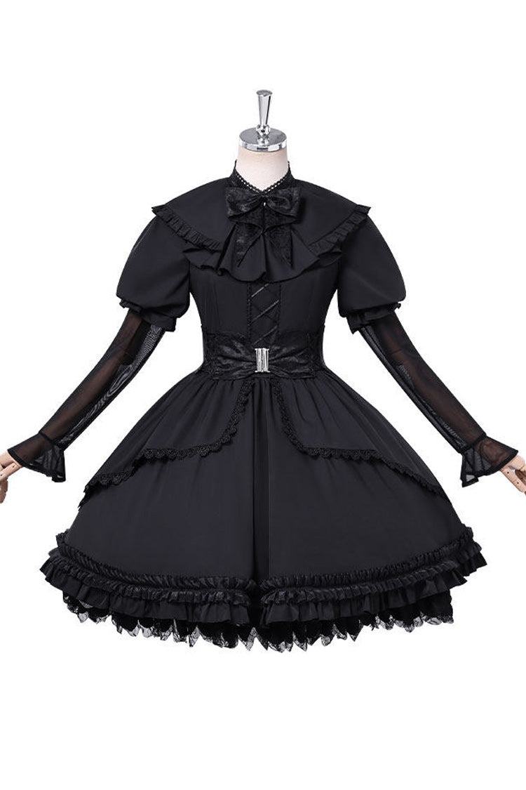 Black [Waltz in Three-Quarter Time] Long Puff Sleeves High Waisted Lace-Up Bow Sheer Gothic Lolita Dress Set