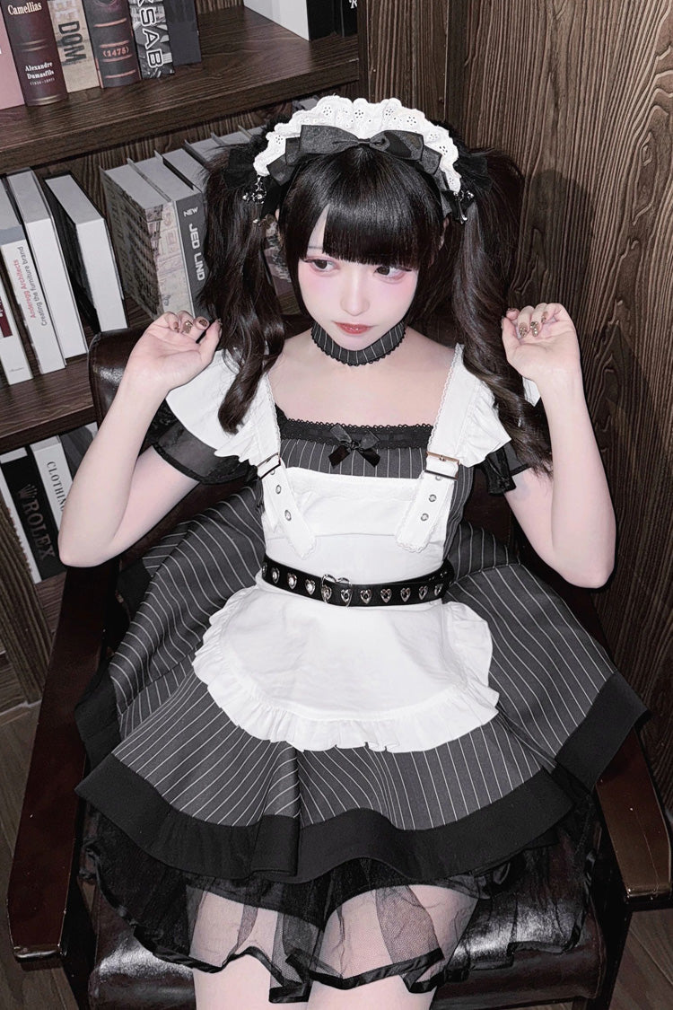 Grey/Black Short Sleeves Stripe Print Ruffle Jirai Kei Dress