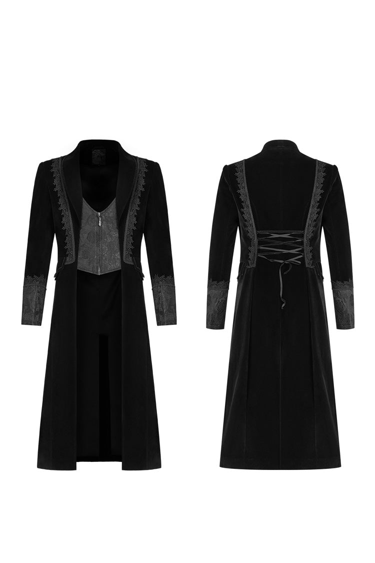 Black Long Sleeves Jacquard Lace-Up Slim Men's Gothic Long Coat