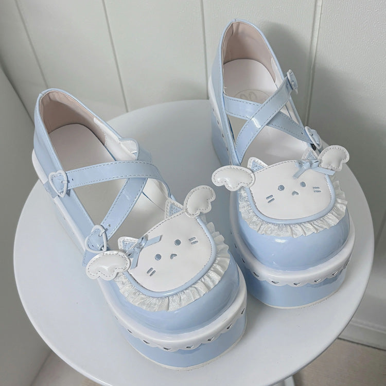 Chaussures à plateforme Lolita à volants et bretelles croisées, Design de chat, bout rond, doux au quotidien, 4 couleurs