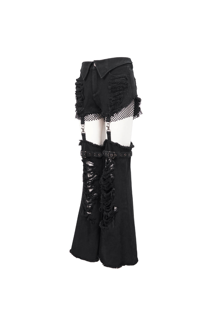 Black Segmented Splicing Old Fashioned Holes Flared Women's Punk Trouser