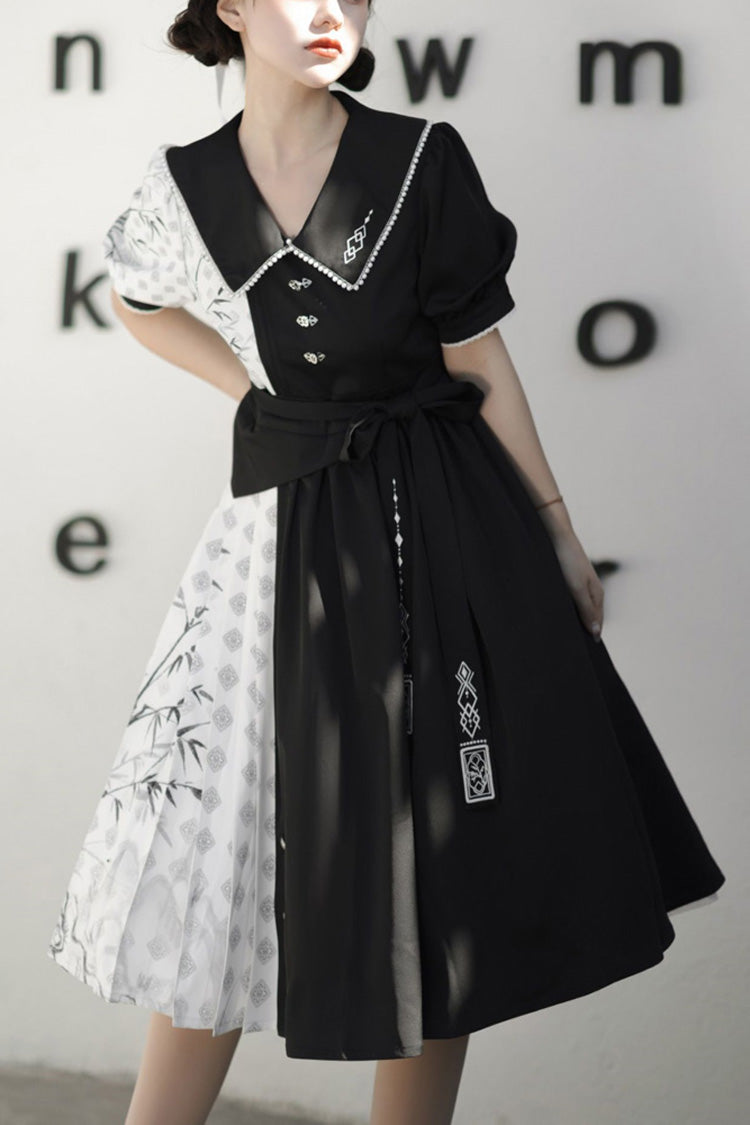Black/White Stitching Chinese Style Bamboo Print High Waisted Sweet Lolita Dress