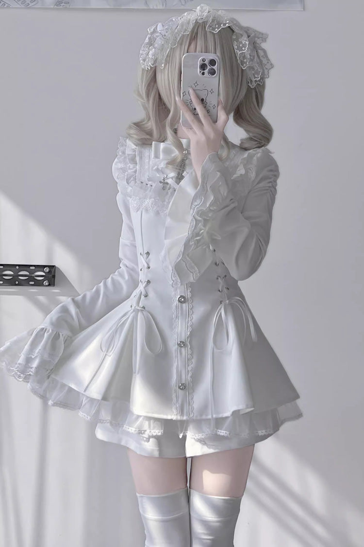 White Long Trumpet Sleeves Bowknot Lace-Up Gothic Jirai Kei Dress Shorts Set