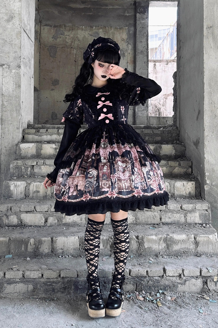 Noir [Le Cas de l'Agneau Disparu] Imprimé Manches Longues Volants Nœud Papillon Dentelle Robe Gothic Lolita 
