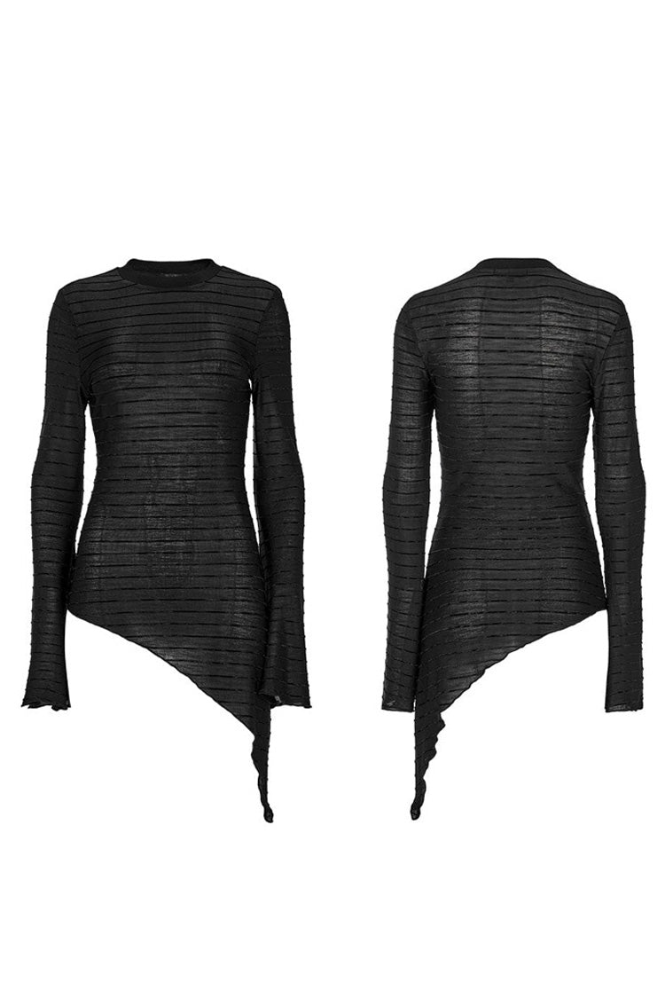 Black Gothic Velvet Striped Light Flared Sleeve Asymmetric Hem Sexy Long Sleeve Women's T-Shirt