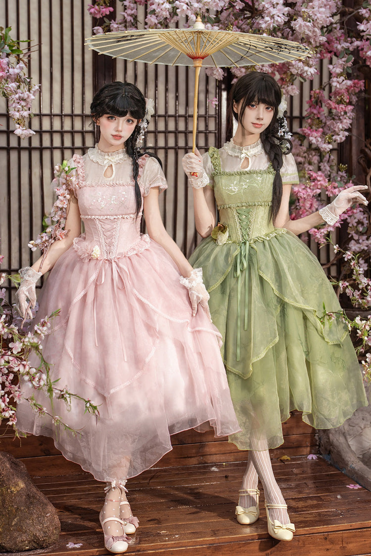 Vert/rose [parfum] col montant manches courtes imprimé multicouche nœud à volants dentelle irrégulière style chinois robe lolita douce 2 couleurs