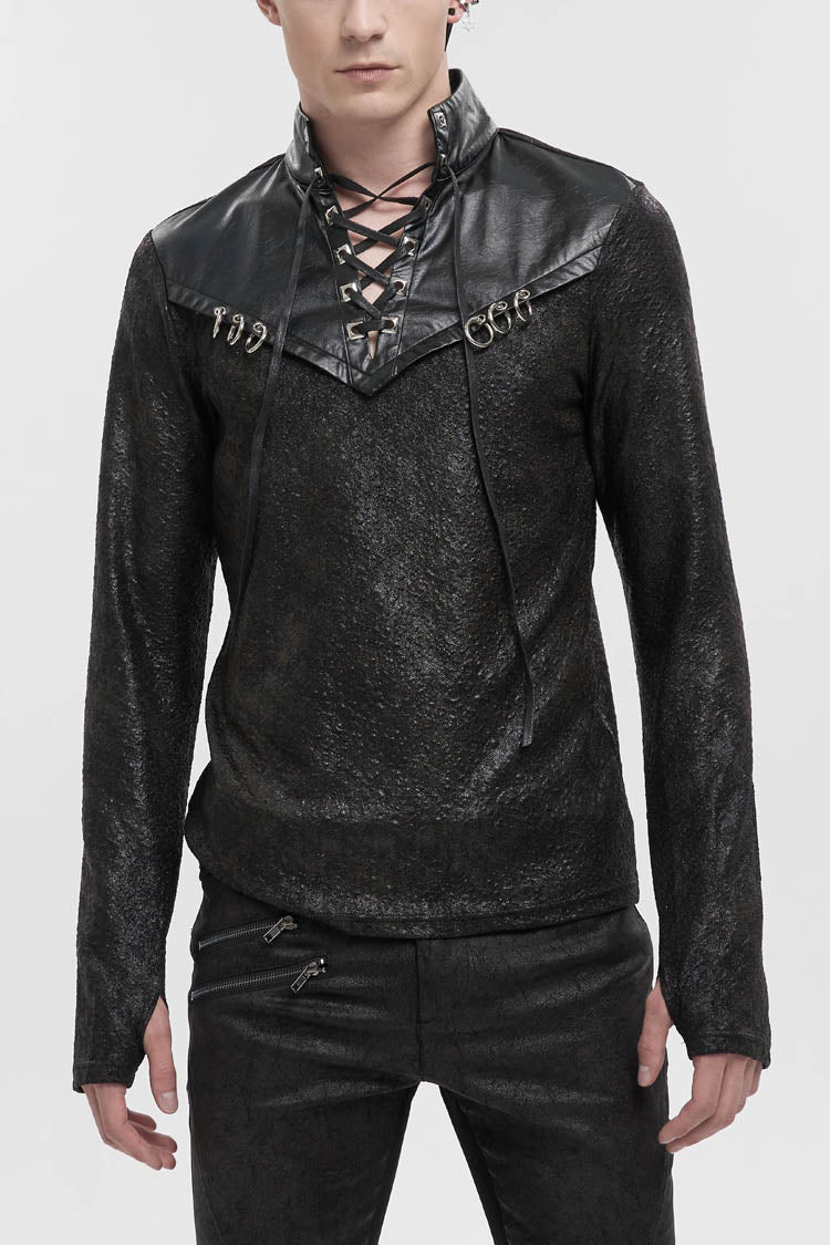 Black Stand Collar Long Sleeves Faux Leather Splice Men's Gothic Shirt
