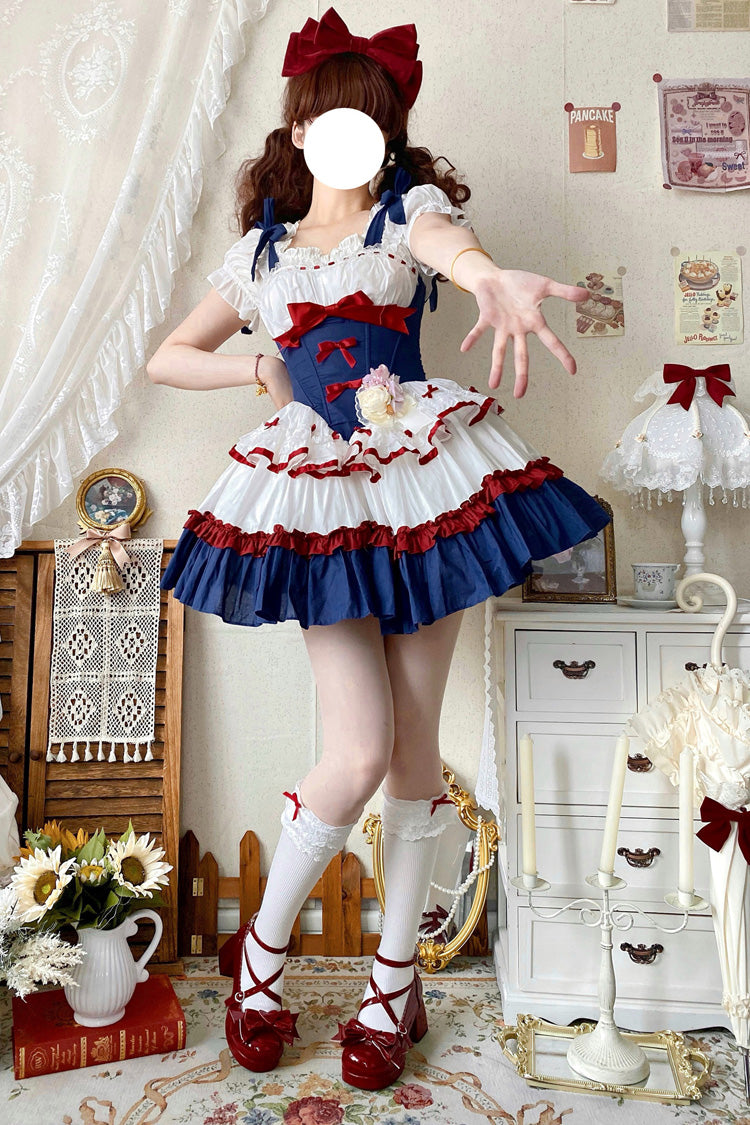 Rot/Weiß/Blau [Märchen-Ouvertüre] Süßes Lolita-Ballettkleid mit dreilagigem Rüschen-Schleifen-Fischgrätenmuster