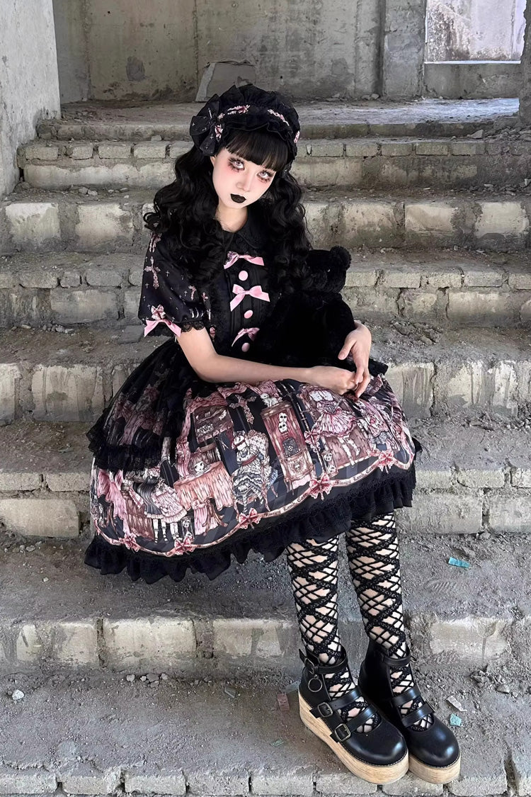 Noir [Le Cas de l'Agneau Disparu] Imprimé Manches Longues Volants Nœud Papillon Dentelle Robe Gothic Lolita 