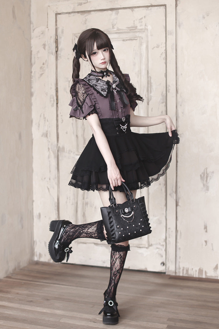 Lila [Dreamy Love Ballad] Reverskragen, kurze Ärmel, doppellagig, gerüschte, ausgeschnittene Schleife, gotisches japanisches Jirai-Kei-Rock-Set