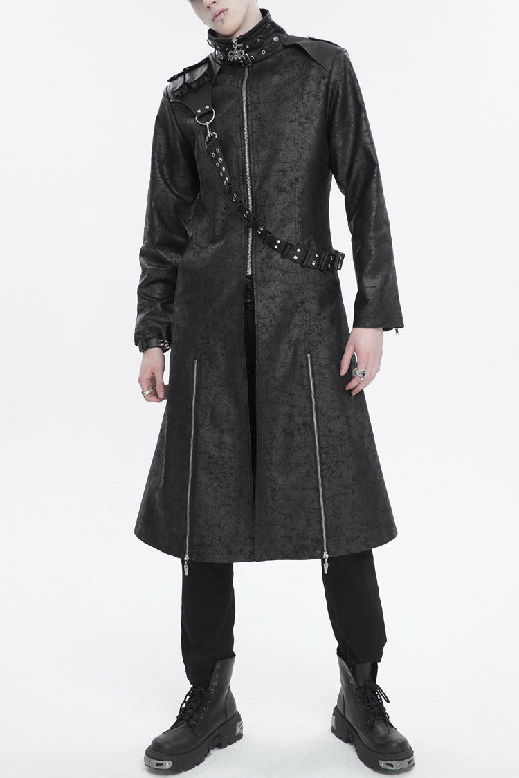 Black Stand Collar With Strap Split At The Hem Long Men's Gothic Coat