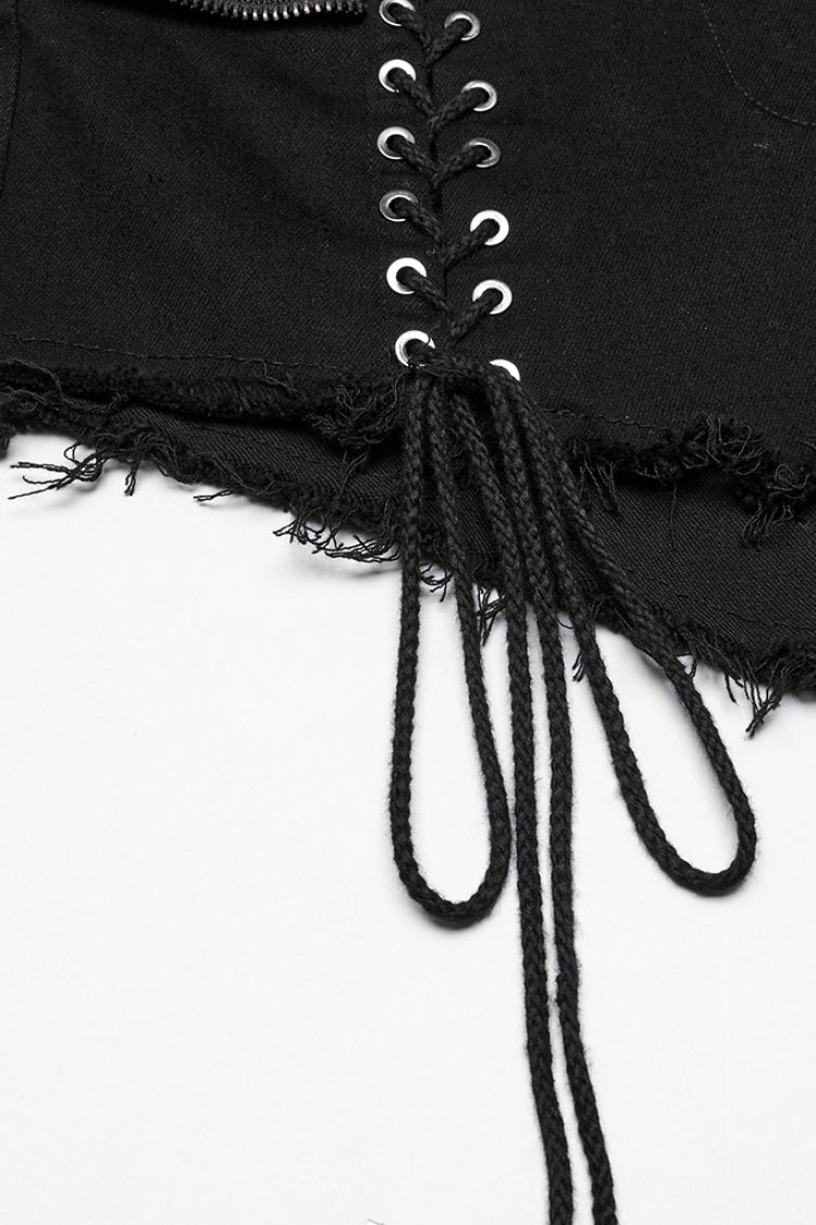 Black Lace-Up Women's Punk Denim Shorts with Detachable Pocket