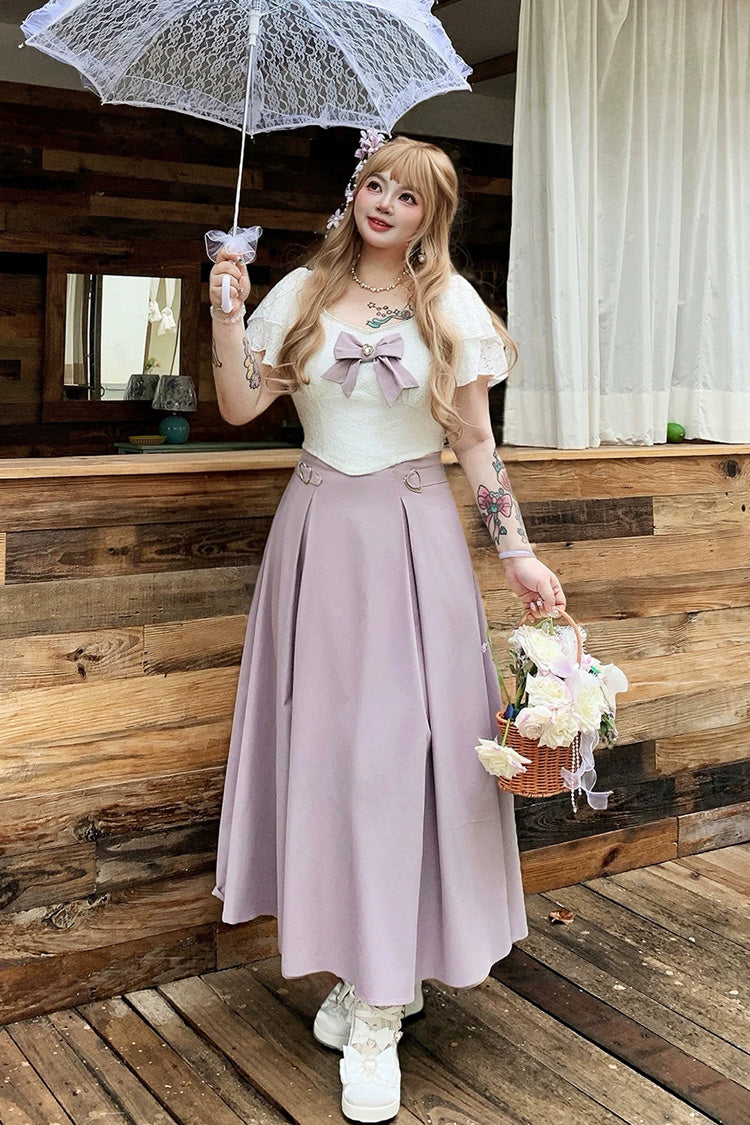 Robe lolita japonaise en dentelle, col rond, manches courtes, nœud patchwork, blanc/violet