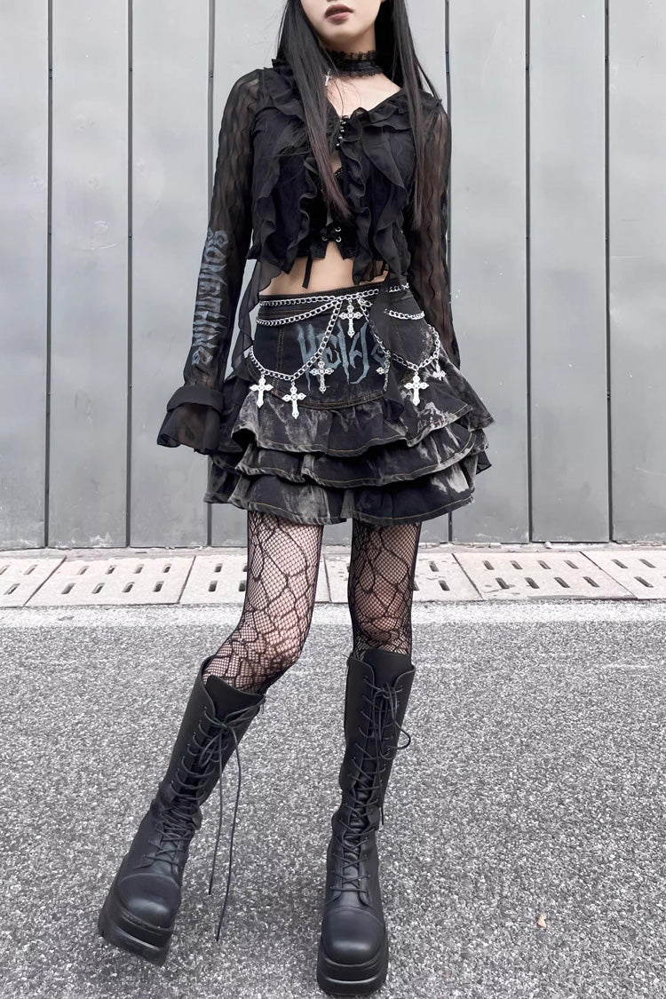 Black High Waisted Print Chain Rock Gothic Skirt