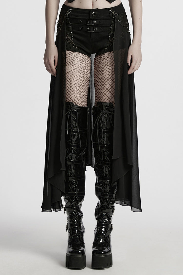 Black Women's Punk Studded Distressed Shorts with Detachable Kilt