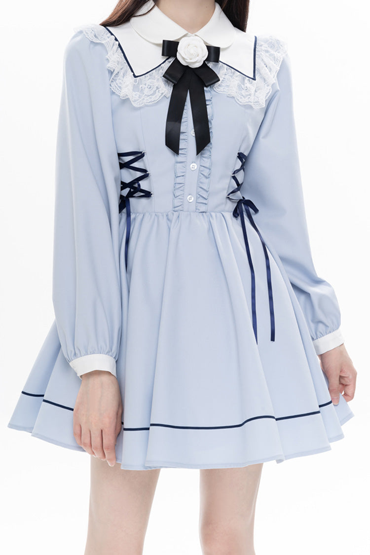 Blue Lapel Collar Long Sleeves Bowknot Lace-Up Jirai Kei Dress