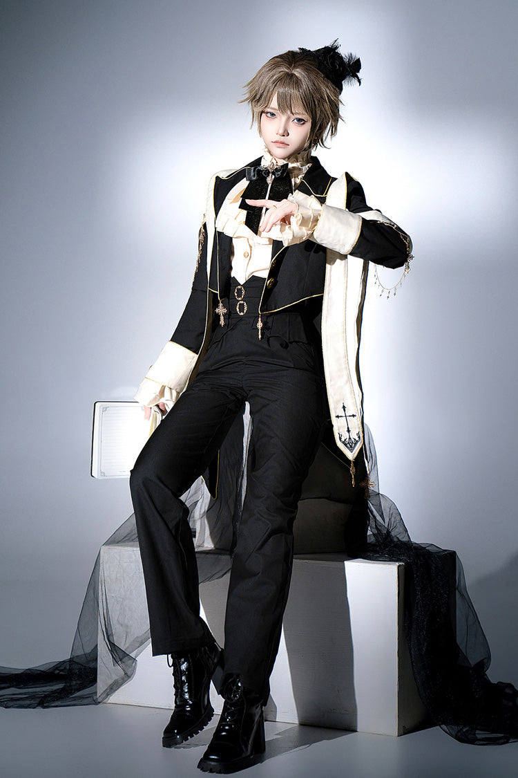 Black Long Sleeves Print Gothic Prince Handsome Ouji Lolita Swallowtail Coat