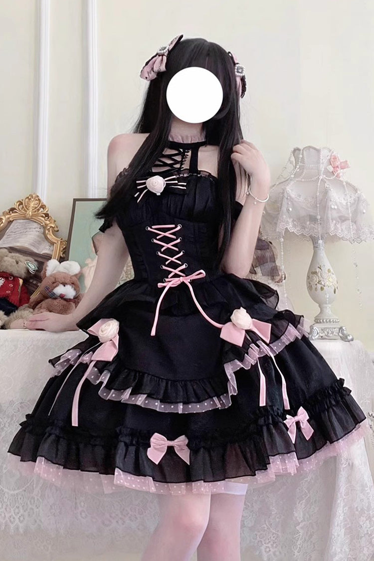 Schwarz/Rosa Gothic Lolita Jsk Kleid mit Schnürung und Rüschen, mehrlagig