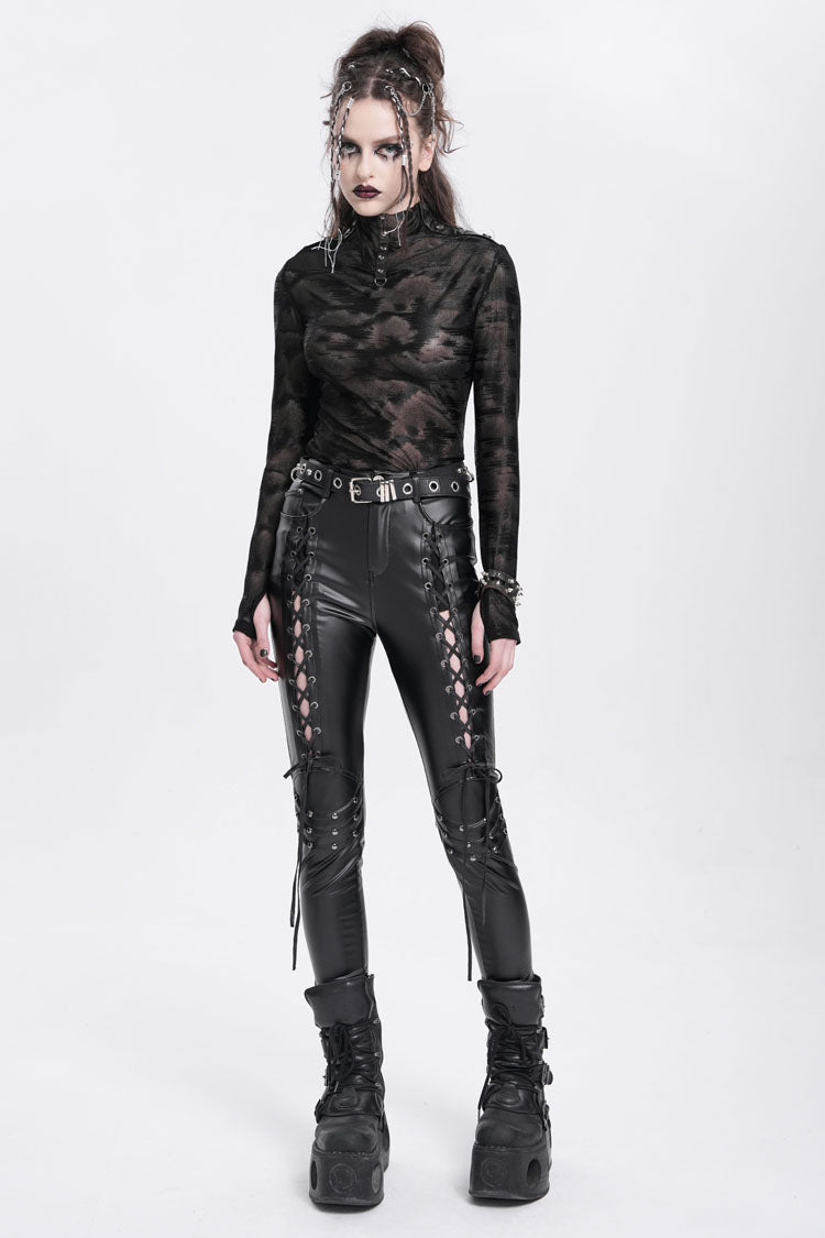 Black Stand Collar Sheer Studded Women's Punk Blouse