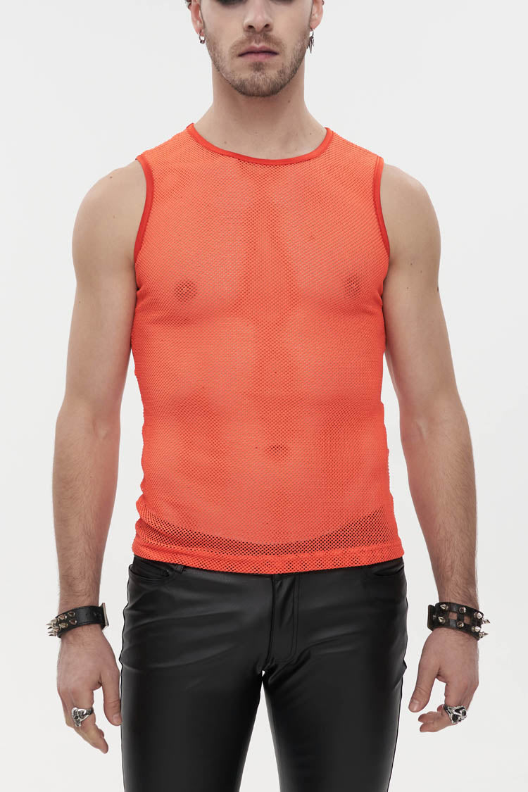 Orange Elasticity Perspective Rhombus Net Yarn Sleeveless Men's Gothic T-Shirt