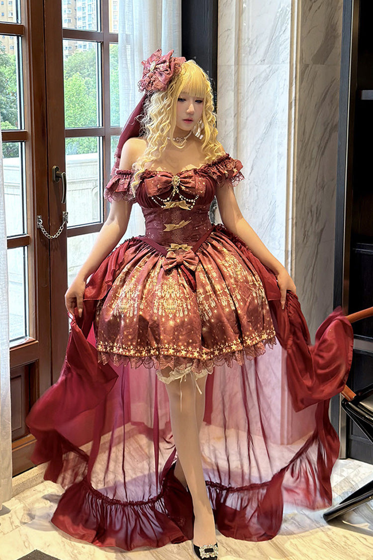 Red [Chandelier Stars] Square Collar Flutter Sleeves Printed Ruffled Embroidered Bow Vintage Elegant Luxurious Lolita Jsk Dress