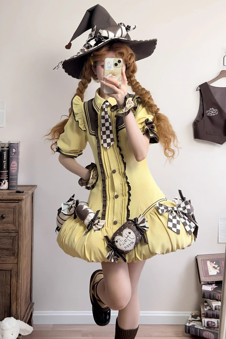 Brown/Yellow [Witch and Paradise] Short Sleeves Ruffle Bowknot Sweet Japanese Halloween Lolita Dress Vest Set