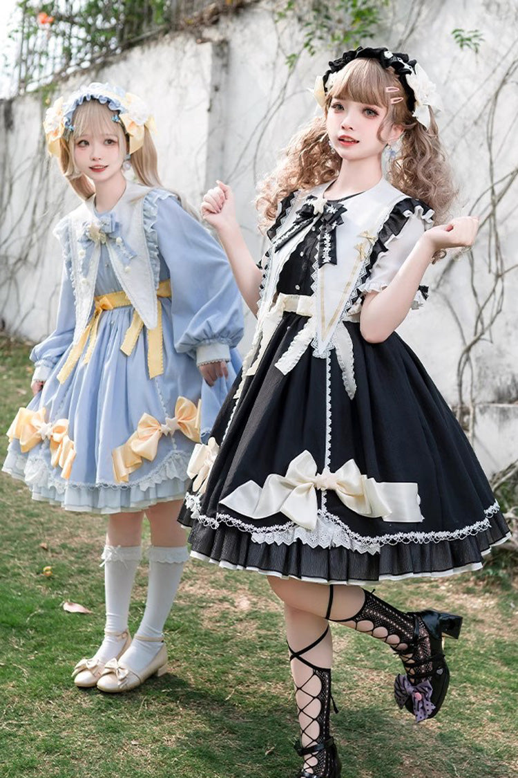 Blue Sleeping Star Long Sleeves Ruffle Bowknot Lace Stitching Sweet Lolita Dress