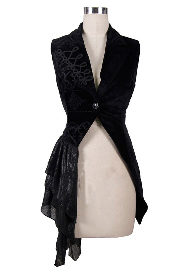 Black Spun Velvet Chinese Frog Button Floral Spiral Pattern Asymmetrical Hem Lace Up Women's Gothic Waistcoat