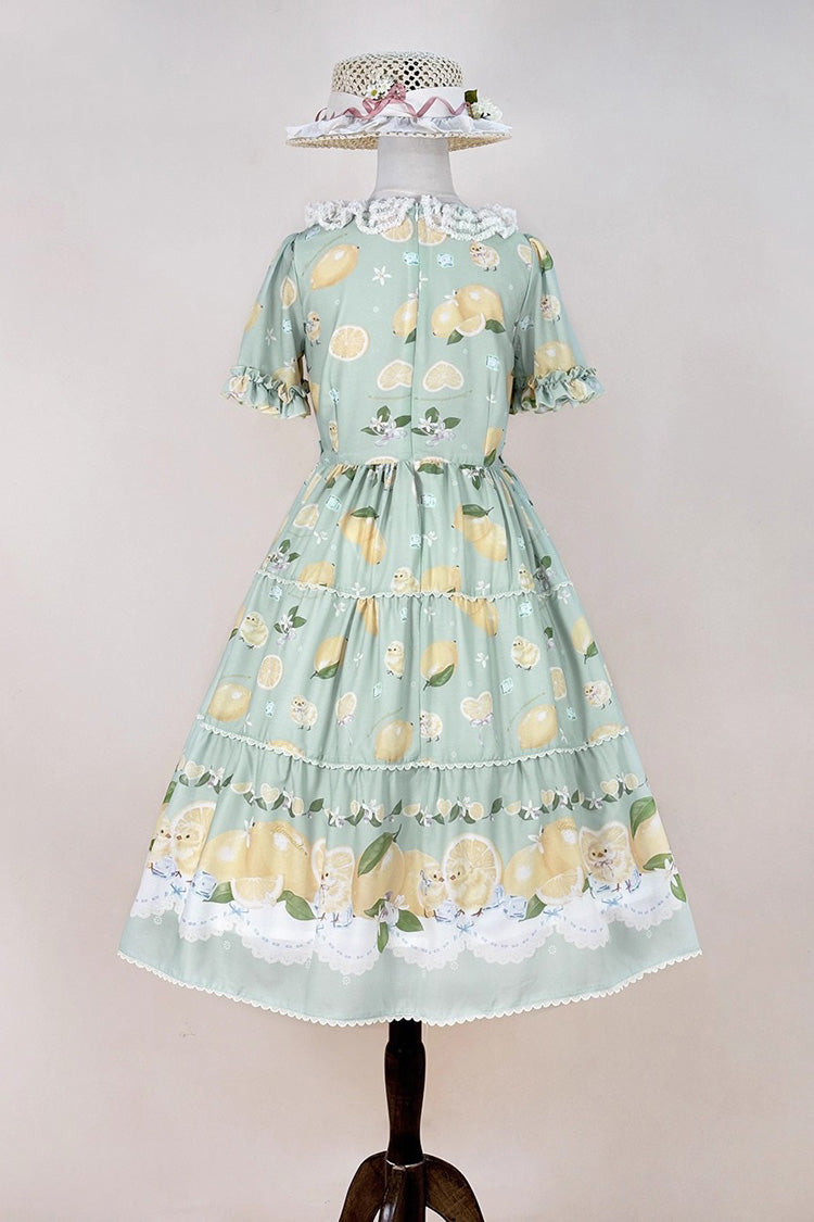 Green [Lemon Chicken] Short Sleeves Print Ruffle Bowknot Lace Daily Sweet Lolita Dress