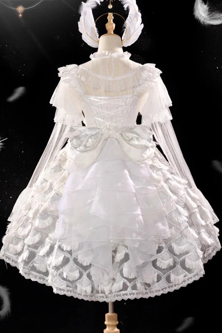 White [Peacock Feather] Multi-Layered Ruffle Hanayome Cardigan Bowknot Lace Sweet Lolita Jsk Dress Set