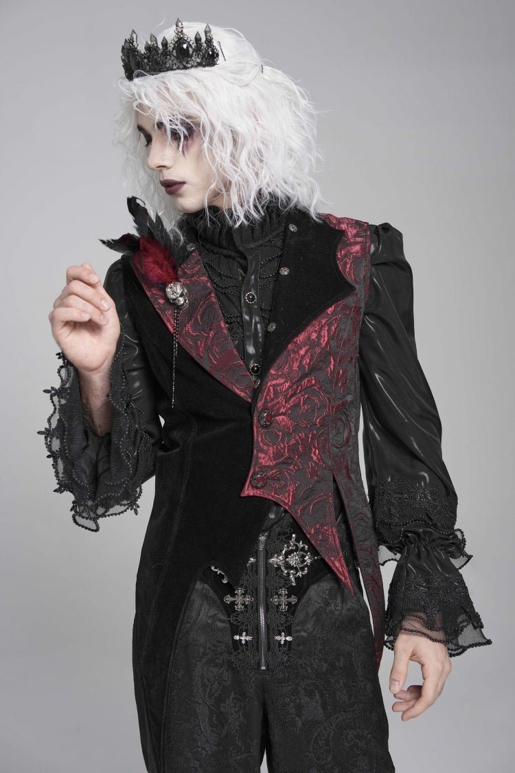 Black Long Sleeves Rose Print Irregular Contrast Color Men's Gothic Vest with Detachable Feather Accessory