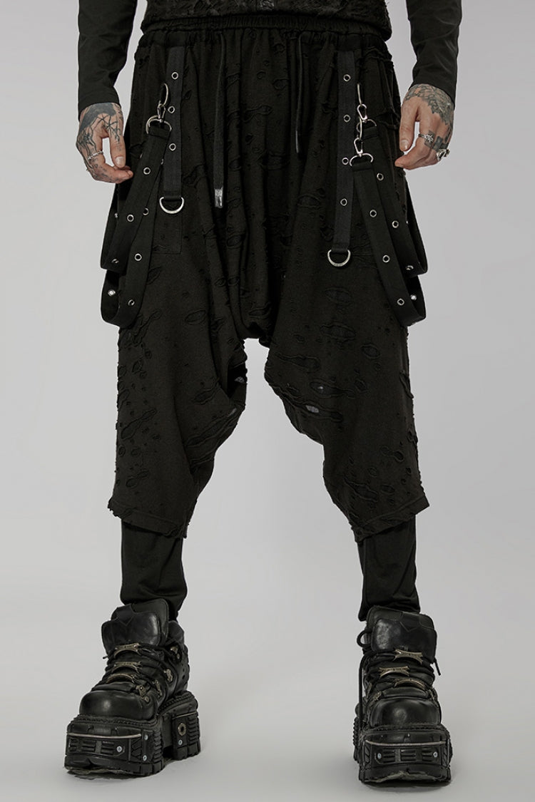 Black Ripped Men's Punk Sagging Pants with Straps