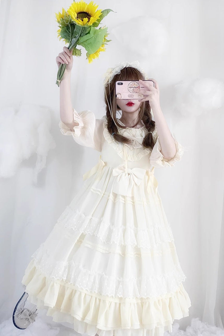 Beige Lace Cool Angel Short Sleeves Bowknot Ruffle Sweet Lolita Dress