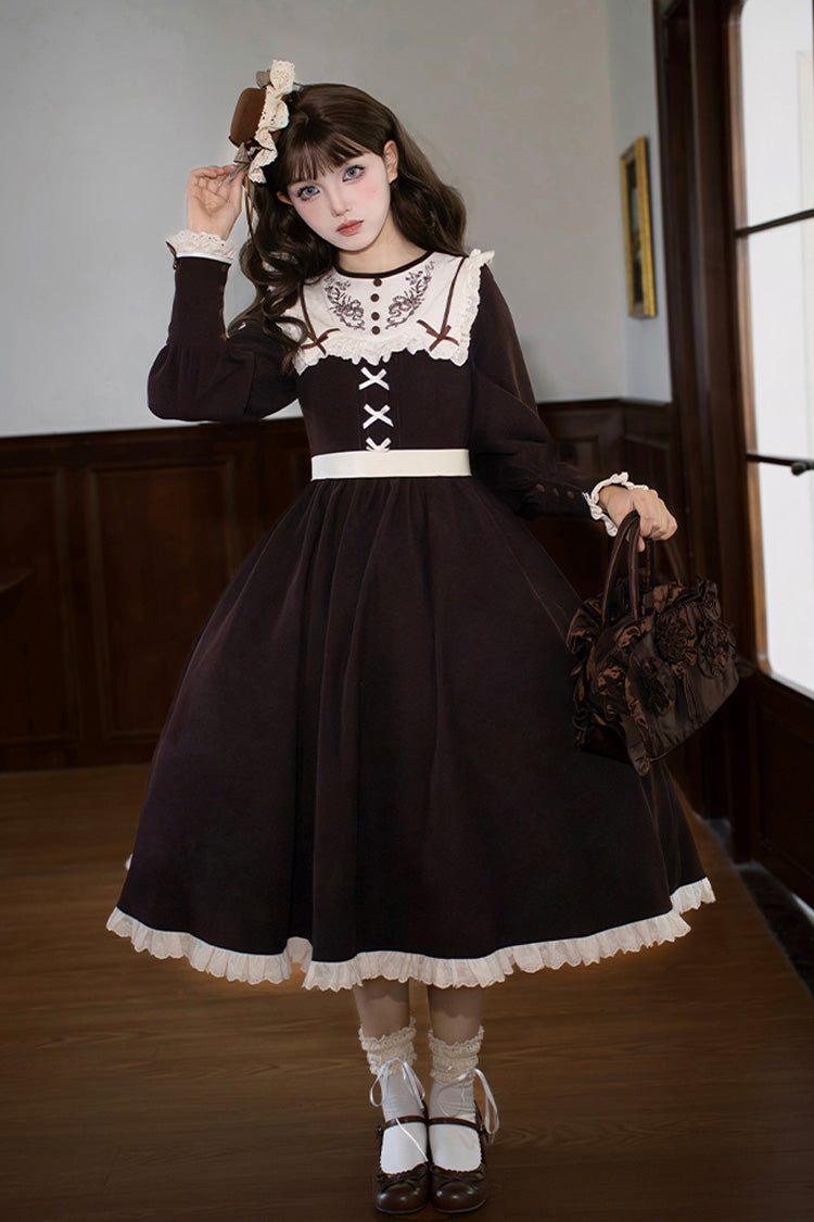 Brown [Miss Brown] Long Sleeves Ruffle Bouquet Embroidery Sweet Lolita Dress (Long Version)