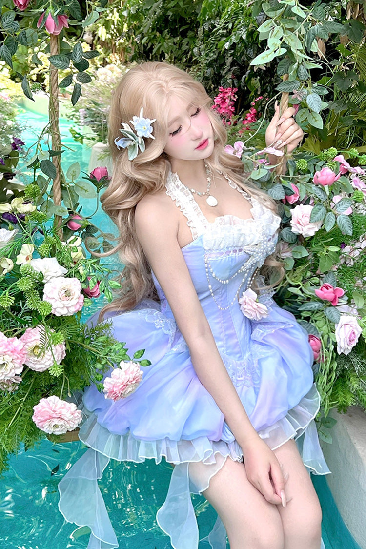 Blue [Starlight Jellyfish Princess] Halterneck Sleeveless Ruffle Lace Sweet Lolita Jsk Dress