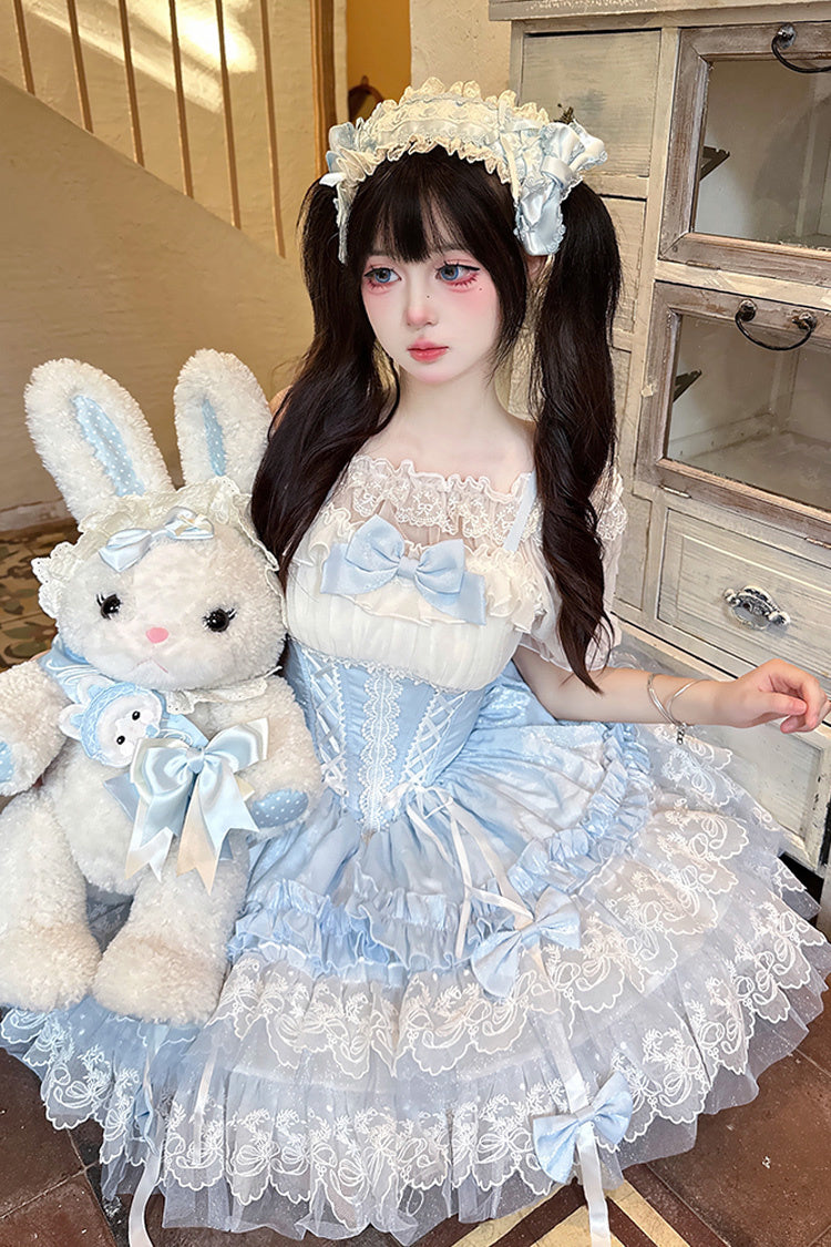 Blue [Dance of Time] Sleeveless Triple-Layered Ruffle Bowknot Lace Lace-Up Sweet Ballet Lolita Jsk Dress