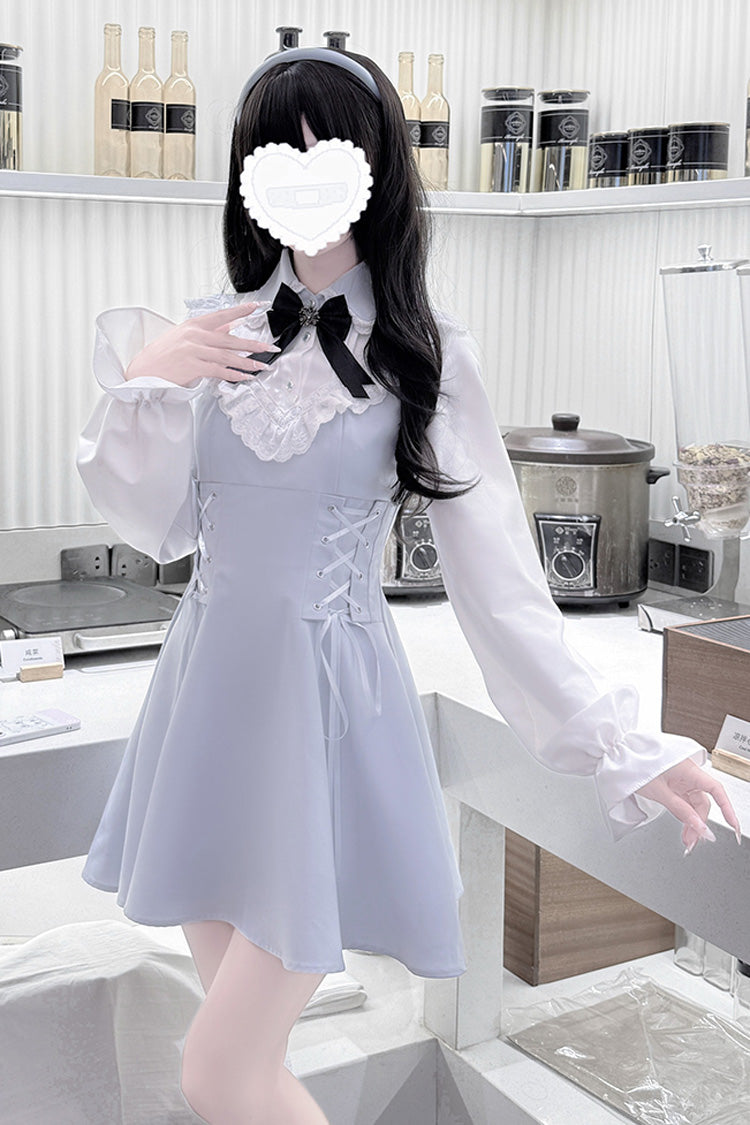 Light Blue [Qingshui Poetry] Long Sleeves Bowknot Lace-Up Sweet Jirai Kei Dress