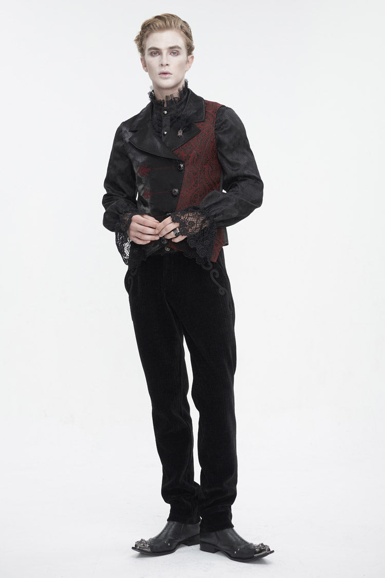 Black/Red Embossed Feather Men's Gothic Waistcoat